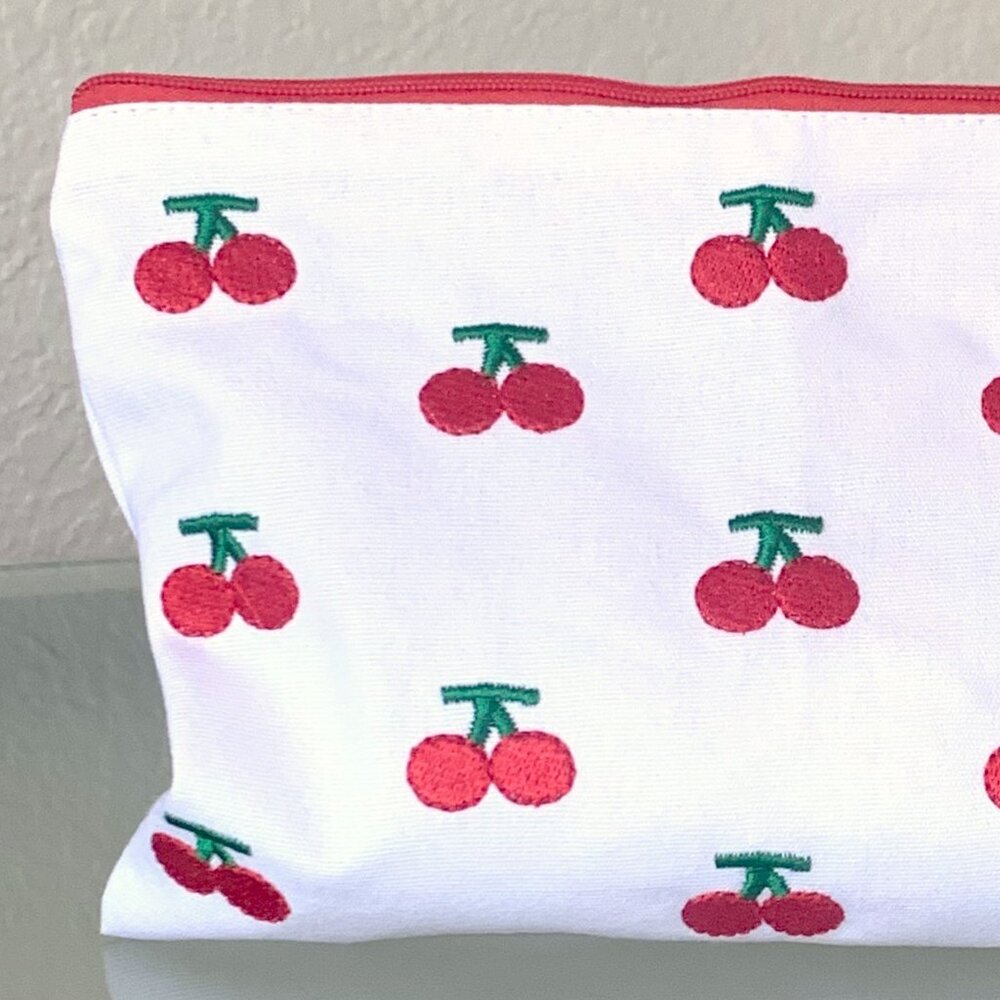 White Cotton Embroidered Red Cherry Cherries Zippered Pouch Cosmetic Travel Bag